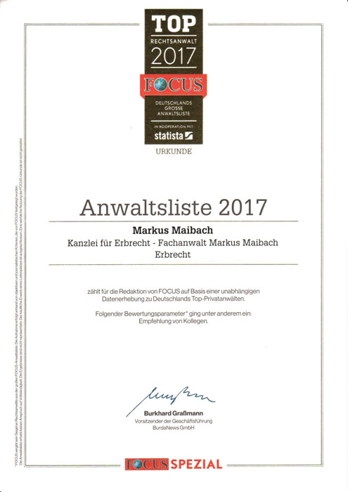 Focus Liste Top Rechtsanwälte 2017 - Fachbereich Erbrecht